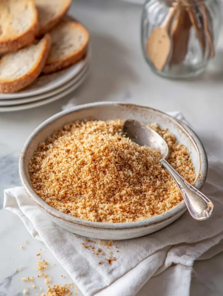 Gluten free bread crumbs in rustic bowl with fresh gluten free bread