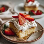 Gluten-Free Tres Leches Cake topped with whipped cream and strawberries