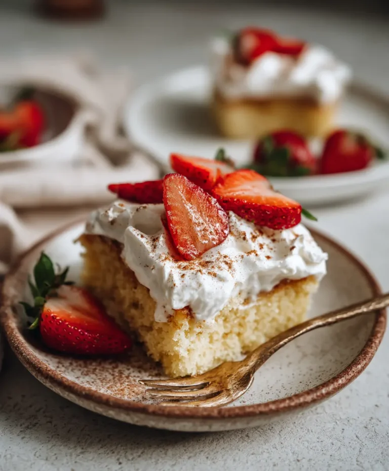 Gluten-Free Tres Leches Cake topped with whipped cream and strawberries