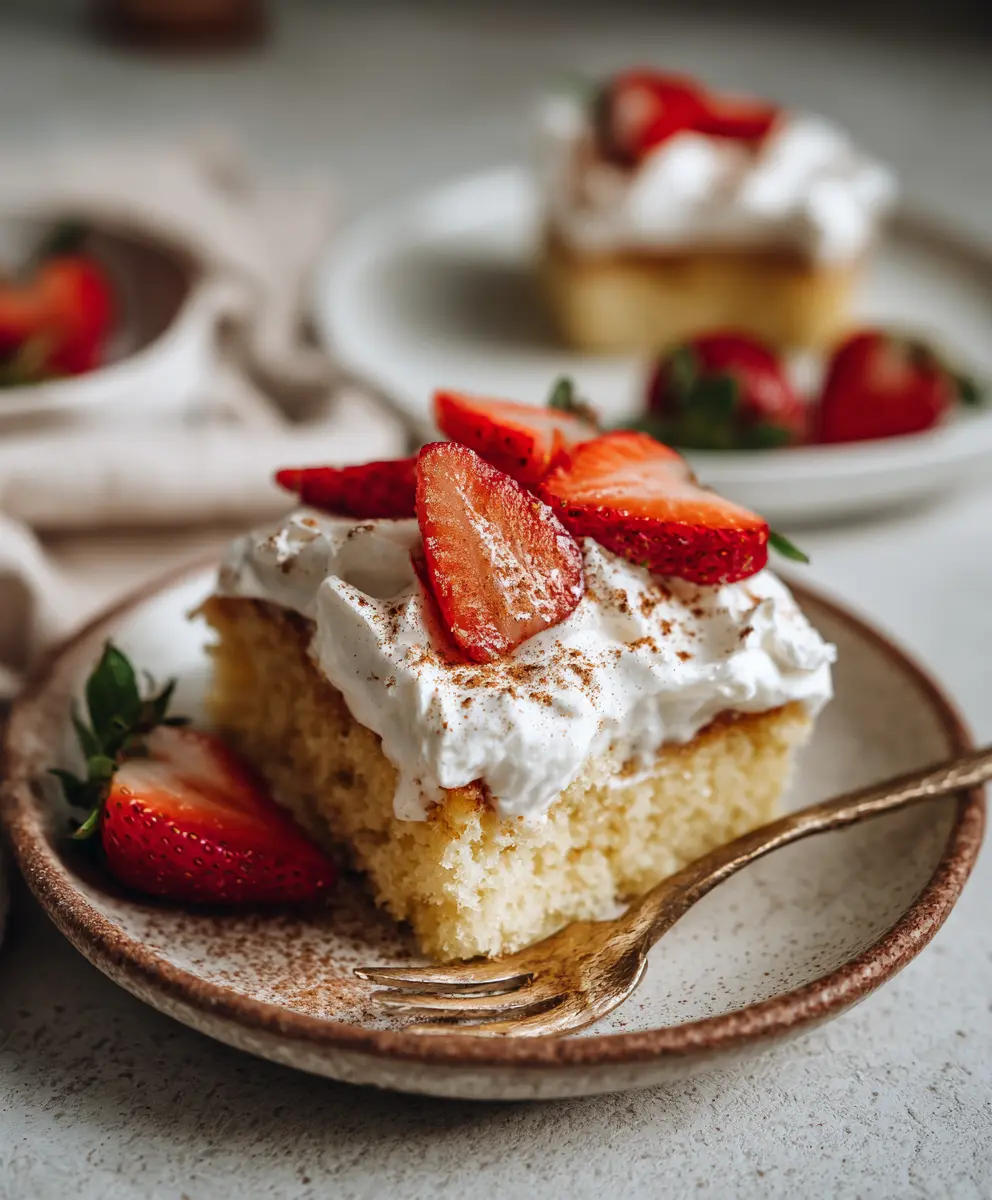 Gluten-Free Tres Leches Cake topped with whipped cream and strawberries