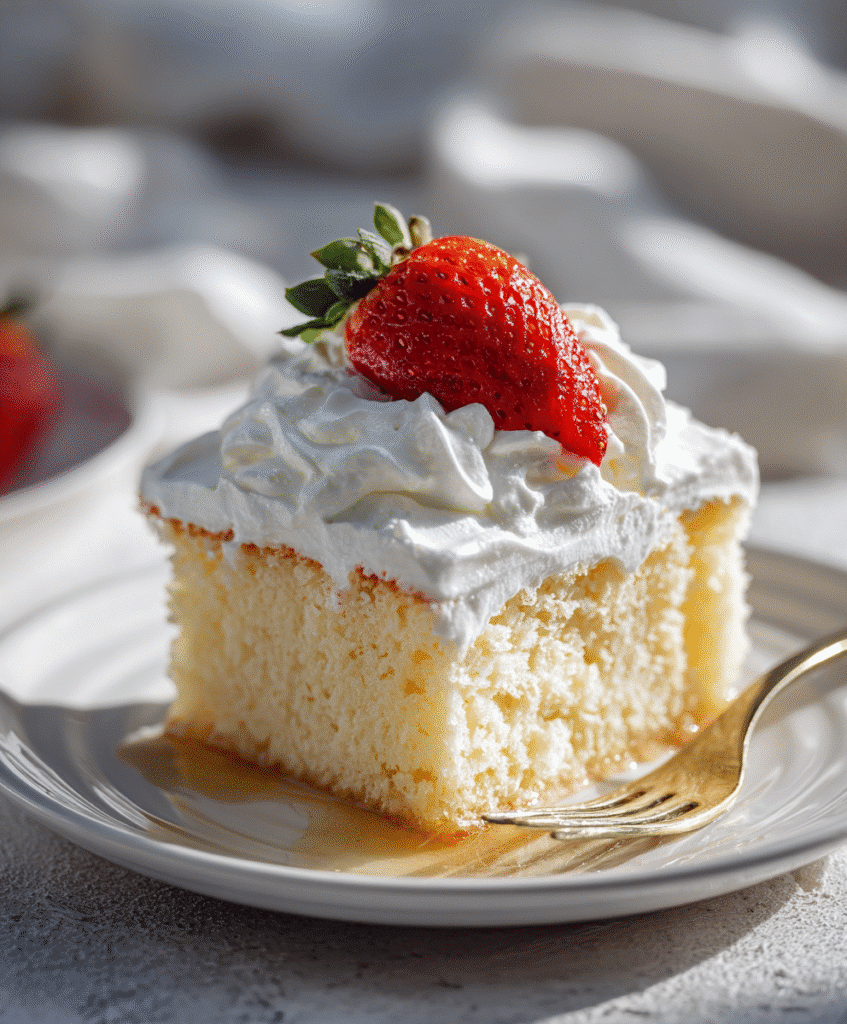 Served slice of gluten-free tres leches cake with whipped cream