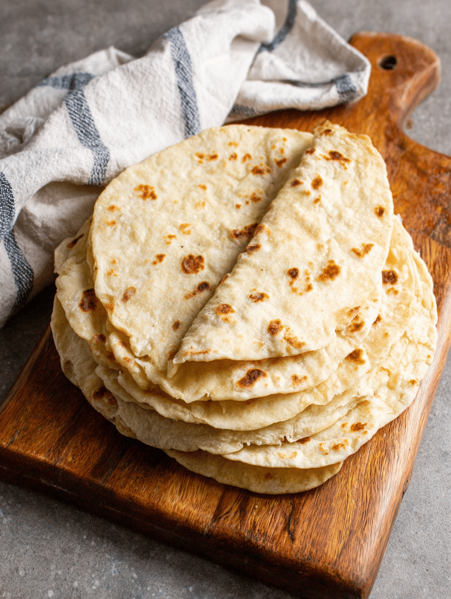 20 Mins Gluten Free Flour Tortillas -Only 5 Ingredients! 3 Soft gluten free flour tortillas stacked on a board